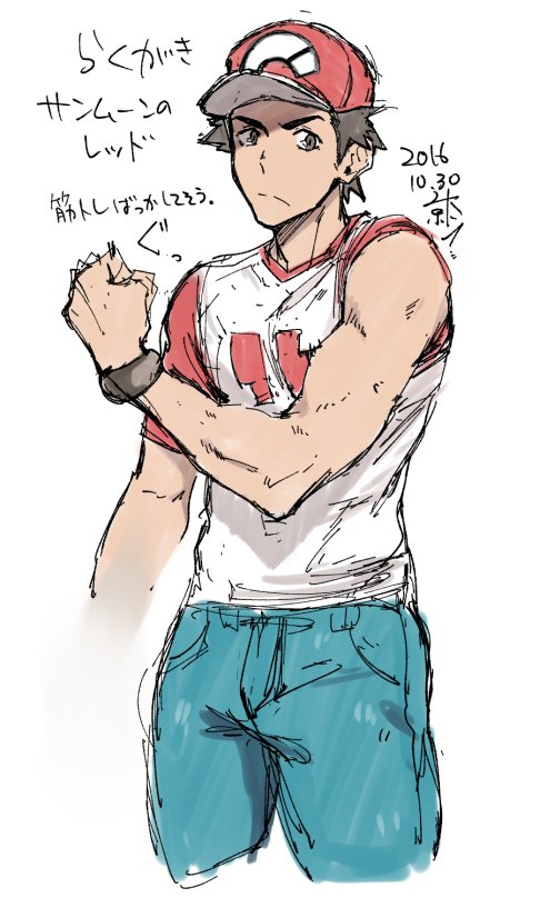 1boy, baseball_cap, biceps, brown_eyes, brown_hair, clenched_hand, dated, denim