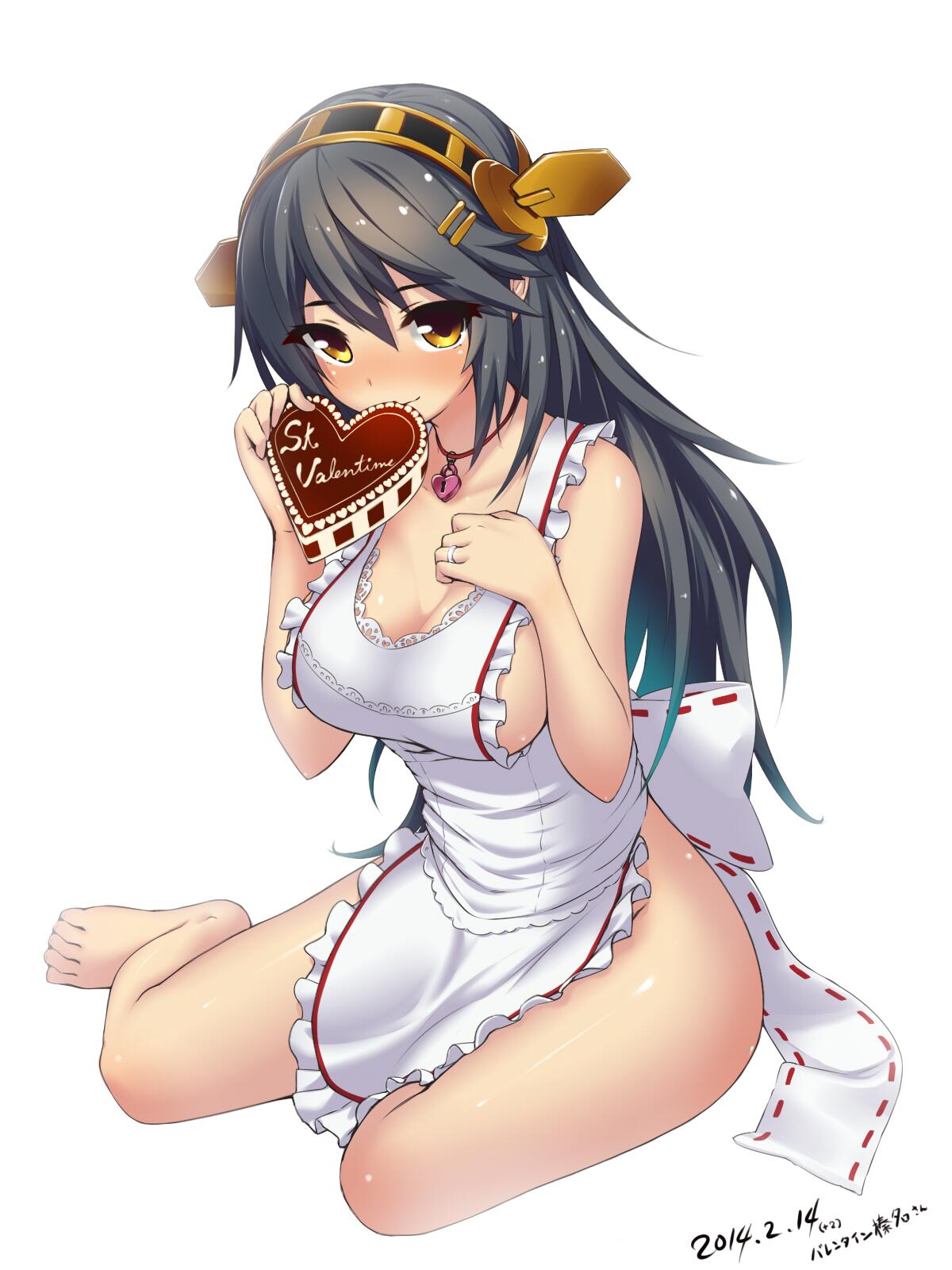 1girl, 2014, apron, bangs, bare_shoulders, black_hair, blush, bow