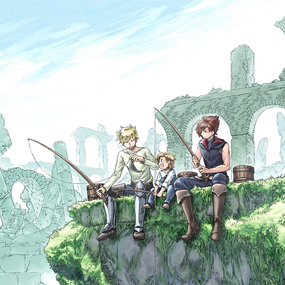 3boys, alfonso_san_valiante, armor, armored_boots, belt, blonde_hair, boots, child, day, fish, fishing, fishing_rod, full_body, garo:honoo_no_kokuin, garo_(series), leon_luis, male_focus, moss, multiple_boys, outdoors, overalls, overgrown, red_eyes, redhead, roberto_luis, rubble, ruins, scenery, shirt, shoes, short_hair, sitting, sky, sleeveless, sleeveless_shirt, smile, spiky_hair, watari_taichi