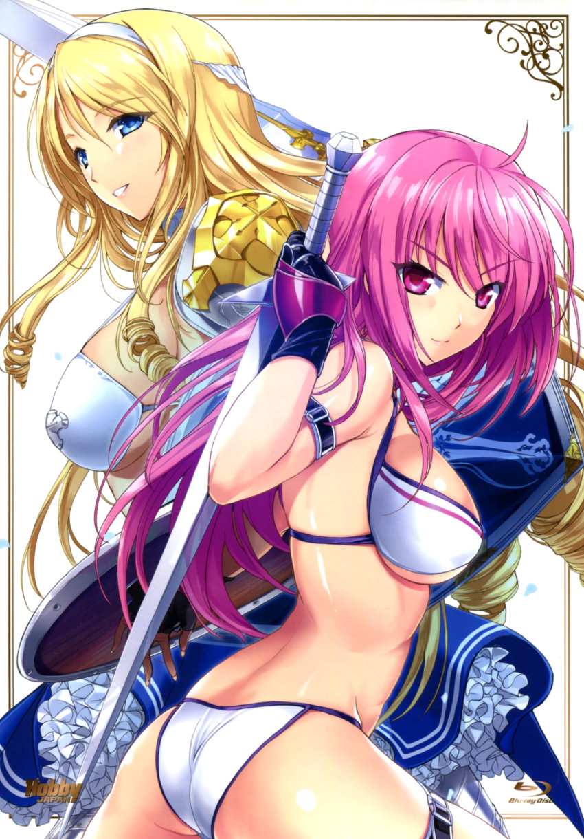 2girls, absurdres, ass, bikini, bikini_warriors, black_gloves, blonde_hair, blue_eyes