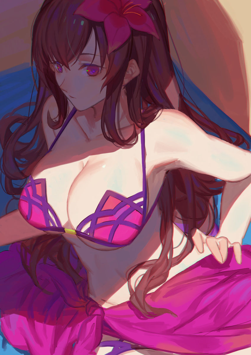 (fate), 1girl, absurdres, bikini, breasts, brown_hair, cleavage, collarbone, fate/grand_order, fate_(series), flower, hair_flower, hair_ornament, hand_on_hip, hibiscus, highres, large_breasts, long_hair, pink_eyes, red_cucumber, red_flower, sarong, scathach_(fate/grand_order), scathach_(swimsuit_assassin)_(fate), shiny, shiny_skin, solo, swimsuit, under_boob