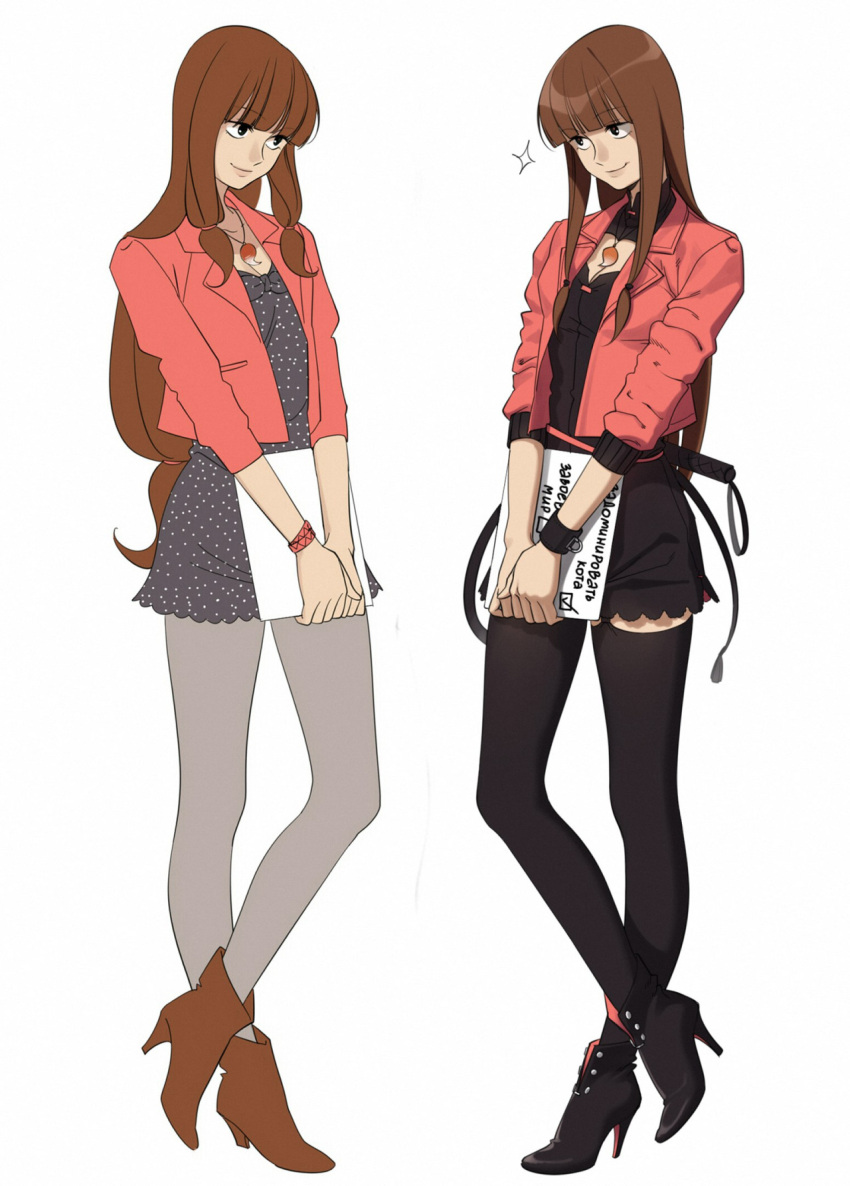 1girl, aconitea, black_eyes, bracelet, brown_hair, collage, head_tilt, highres, holding, jewelry, legs_crossed, light_smile, lila_rossi, long_hair, miraculous_ladybug, pantyhose, pendant, russian, simple_background, solo, sparkle, thigh-highs, translated, twintails, white_background, wristband, zettai_ryouiki