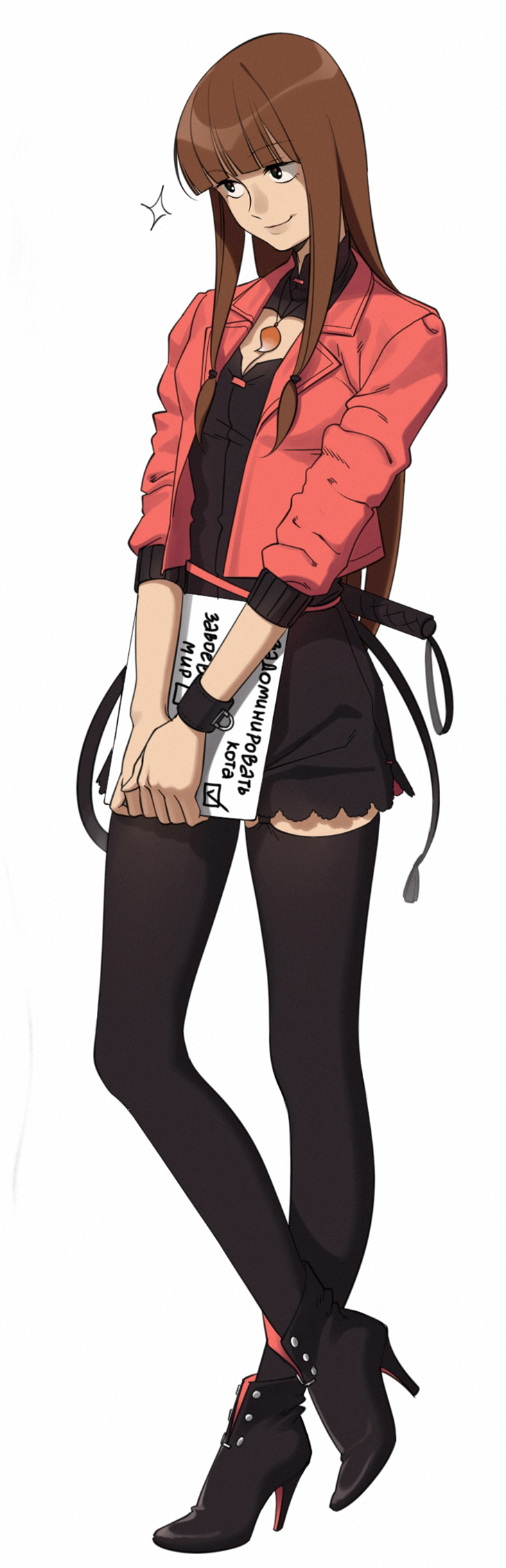 1girl, aconitea, black_eyes, bracelet, brown_hair, head_tilt, highres, holding, jewelry, legs_crossed, light_smile, lila_rossi, long_hair, miraculous_ladybug, pendant, russian, simple_background, solo, thigh-highs, twintails, white_background, wristband, zettai_ryouiki
