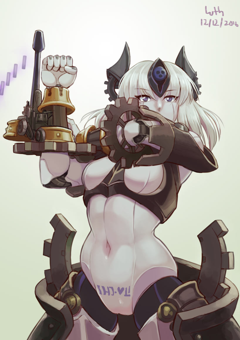 1girl, 2016, android, artist_name, automaton_(monster_girl_encyclopedia), body_writing, clenched_hand, dated