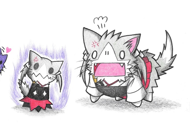 +_+, anger_vein, animal, animalization, aura, cat, colored_pencil_(medium), cosplay