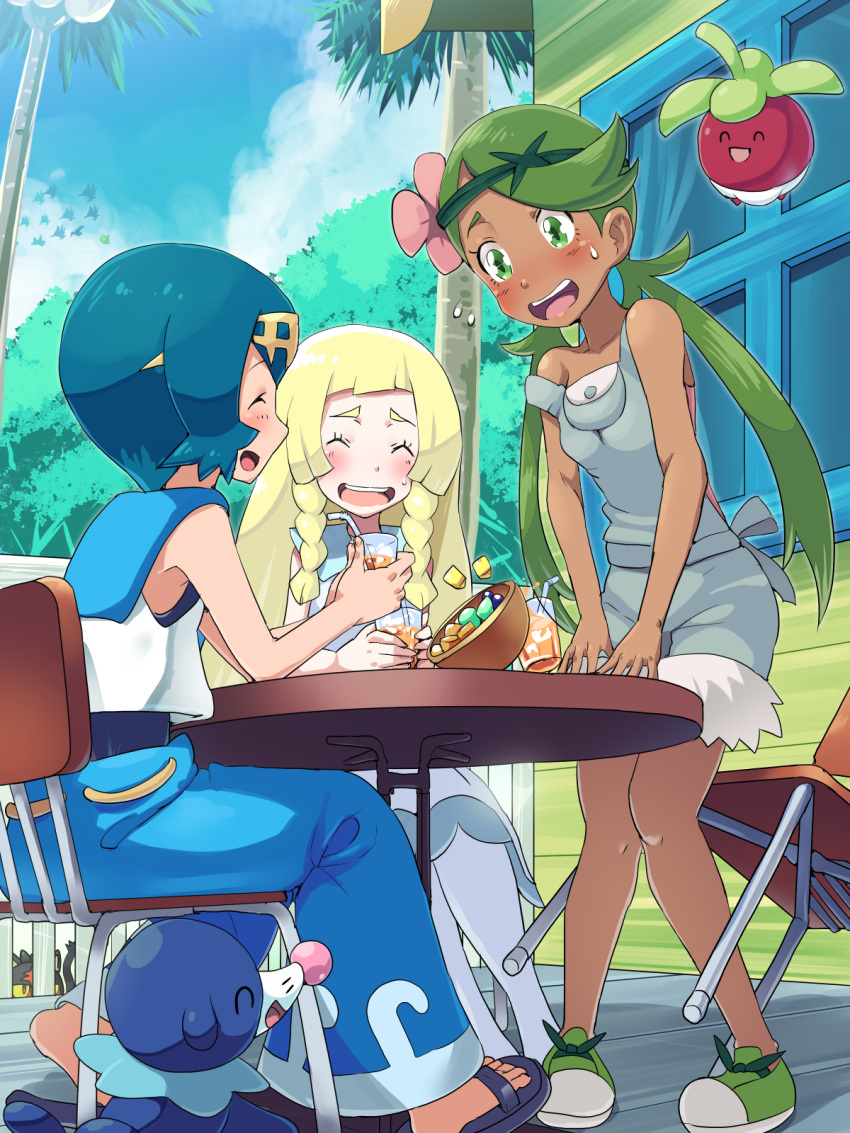 3girls, baggy_pants, blonde_hair, blue_hair, blush, boris_(noborhys), bounsweet, braid