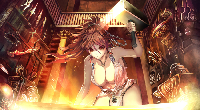 1girl, anvil, armor, armpits, bare_arms, bare_shoulders, belt, blacksmith