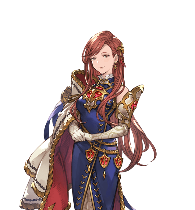 1girl, bare_shoulders, brown_eyes, brown_hair, cape, dress, earrings, elbow_gloves, gloves, granblue_fantasy, hair_ornament, hands_together, herzeloyde_(granblue_fantasy), jewelry, long_hair, looking_at_viewer, minaba_hideo, smile, solo, transparent_background, white_gloves