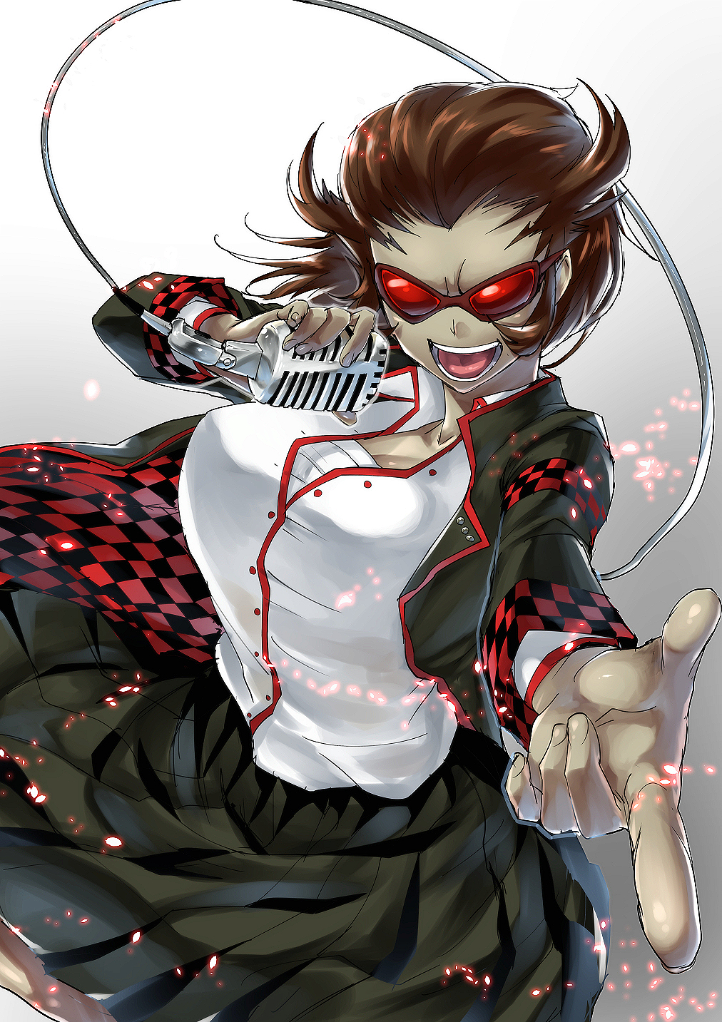 1girl, black_skirt, breasts, brown_hair, budget_sarashi, checkered, genderswap, genderswap_(mtf)