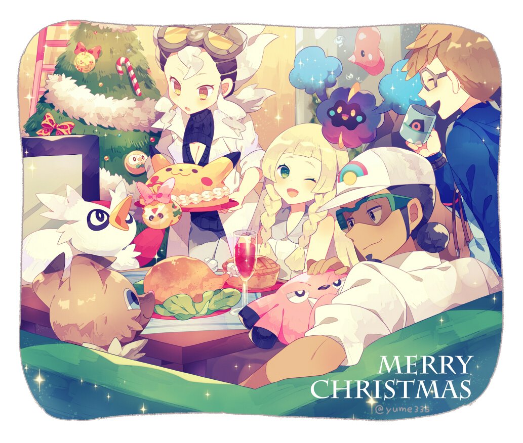 2boys, 2girls, baseball_cap, blonde_hair, braid, breasts, brown_hair, burnet_(pokemon), candy, candy_cane, christmas_tree, cleavage, closed_eyes, cosmog, cup, dark_skin, dark_skinned_male, delibird, drinking_glass, facial_hair, food, glasses, goatee, green_eyes, hat, kukui_(pokemon), labcoat, ladder, lillie_(pokemon), long_hair, luvdisc, merry_christmas, mullein_(pokemon), multiple_boys, multiple_girls, one_eye_closed, open-chest_sweater, open_mouth, pikachu, pokemon, pokemon_(creature), pokemon_(game), pokemon_sm, rockruff, rowlet, short_hair, sleeveless, snubbull, sparkle, sunglasses, sweater, table, twin_braids, white_hair, wine_glass, yellow_eyes, yumenouchi_chiharu