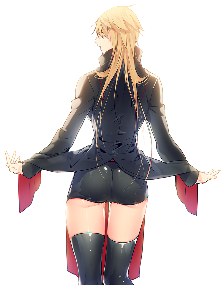 1girl, ass, back, bangs, black_jacket, black_legwear, black_shorts, blonde_hair