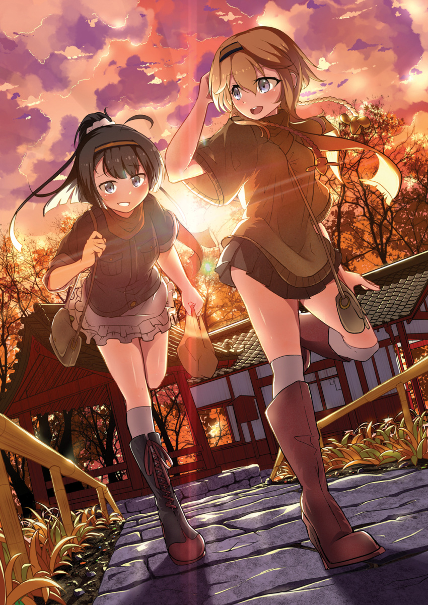 2girls, :d, akizuki_(kantai_collection), alternate_costume, bag, black_hair, boots, breast_pocket