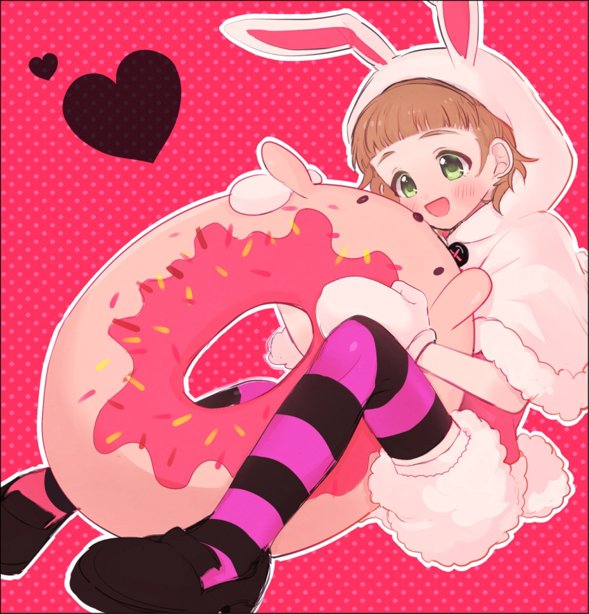 1boy, abe_(kumayu), animal_hood, blush, brown_hair, bunny_hood, doughnut, food