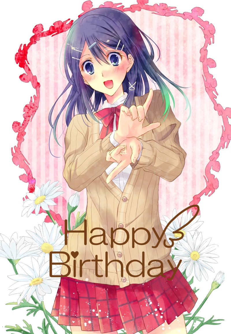 1girl, :d, blue_eyes, blue_hair, blush, bow, buttons, cardigan