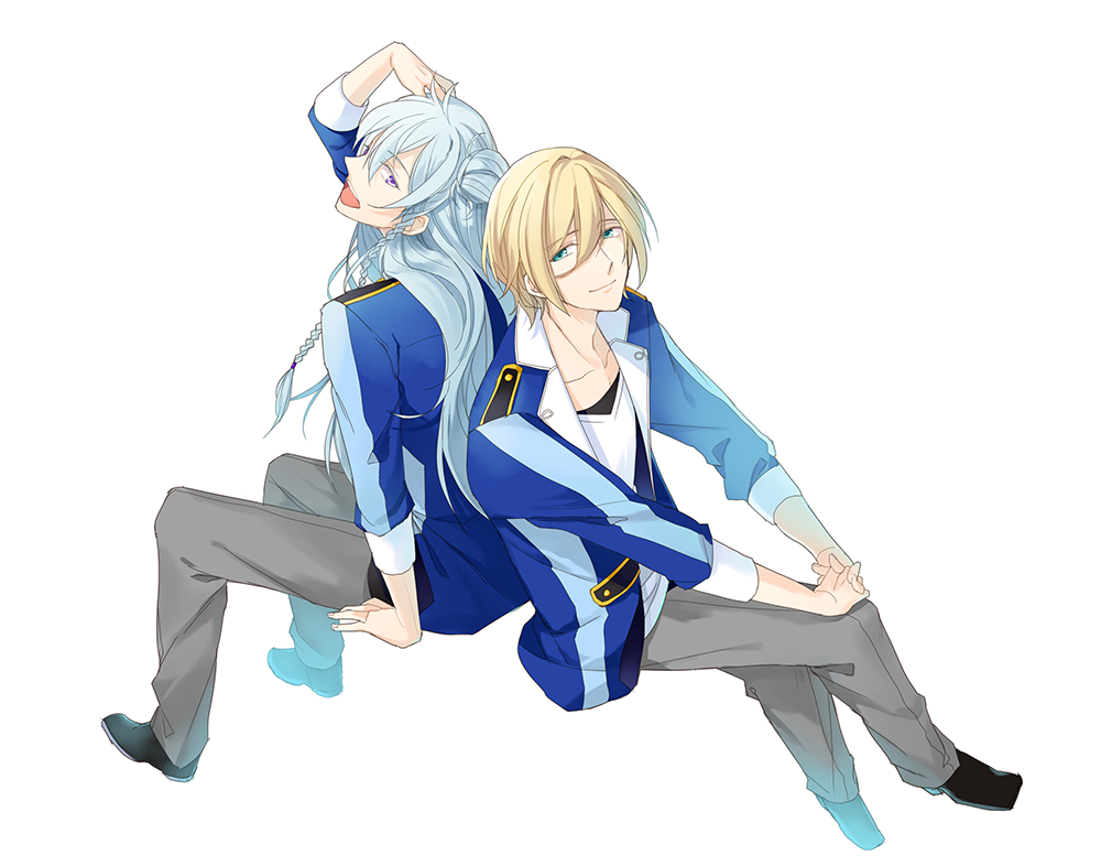 2boys, :d, back-to-back, blonde_hair, blue_eyes, blue_hair, braid, ensemble_stars!, from_above, hair_between_eyes, hair_bun, hibiki_wataru, interlocked_fingers, legs_crossed, long_hair, looking_at_viewer, male_focus, multiple_boys, open_mouth, simple_background, smile, someya_(post), tenshouin_eichi, violet_eyes, white_background