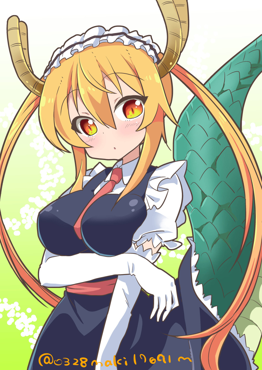 1girl, :o, absurdres, apron, arm_across_waist, between_breasts, blonde_hair, blush