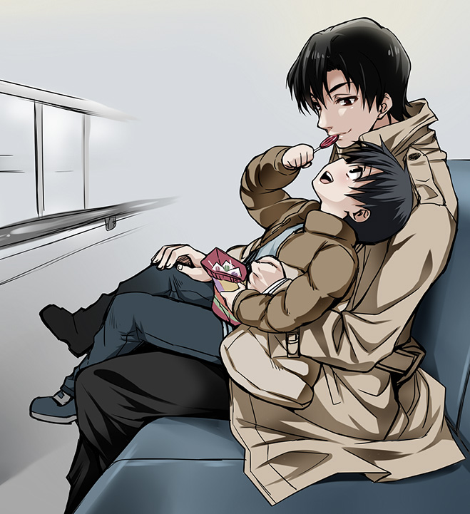 2boys, black_hair, blue_hair, boku_dake_ga_inai_machi, candy, food, food_in_mouth, fujinuma_satoru