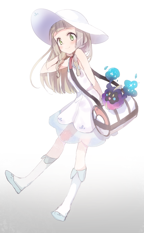 1girl, bag, blonde_hair, blush, braid, cosmog, dress, duffel_bag