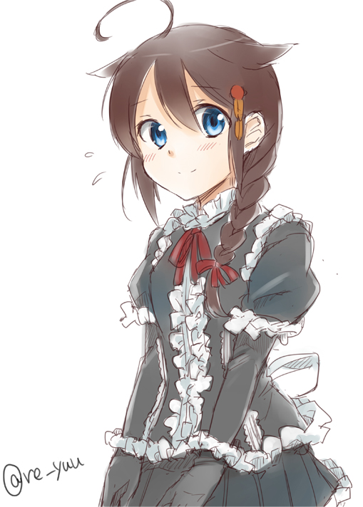 1girl, ahoge, black_gloves, blue_eyes, braid, brown_hair, flower, flying_sweatdrops
