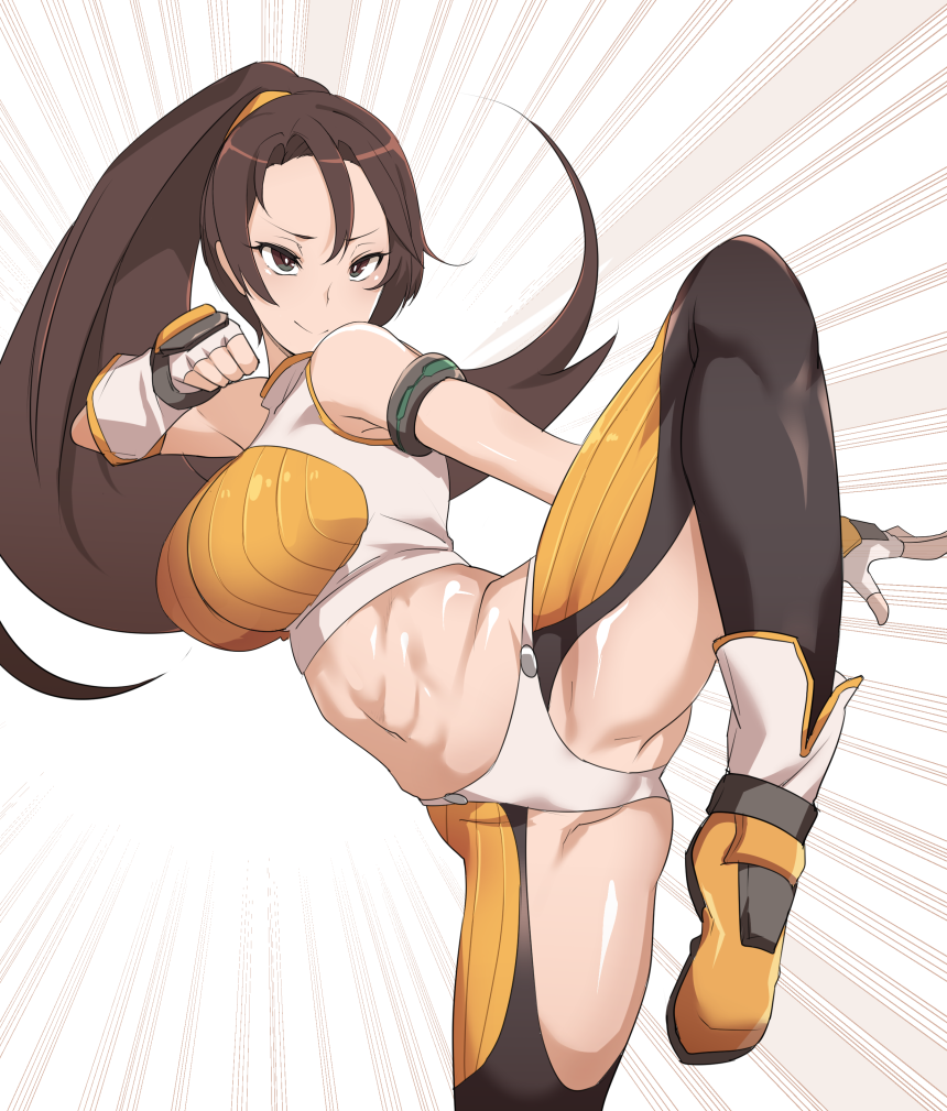 1girl, abs, armlet, black_legwear, brown_eyes, brown_hair, crop_top, dungeon_and_fighter