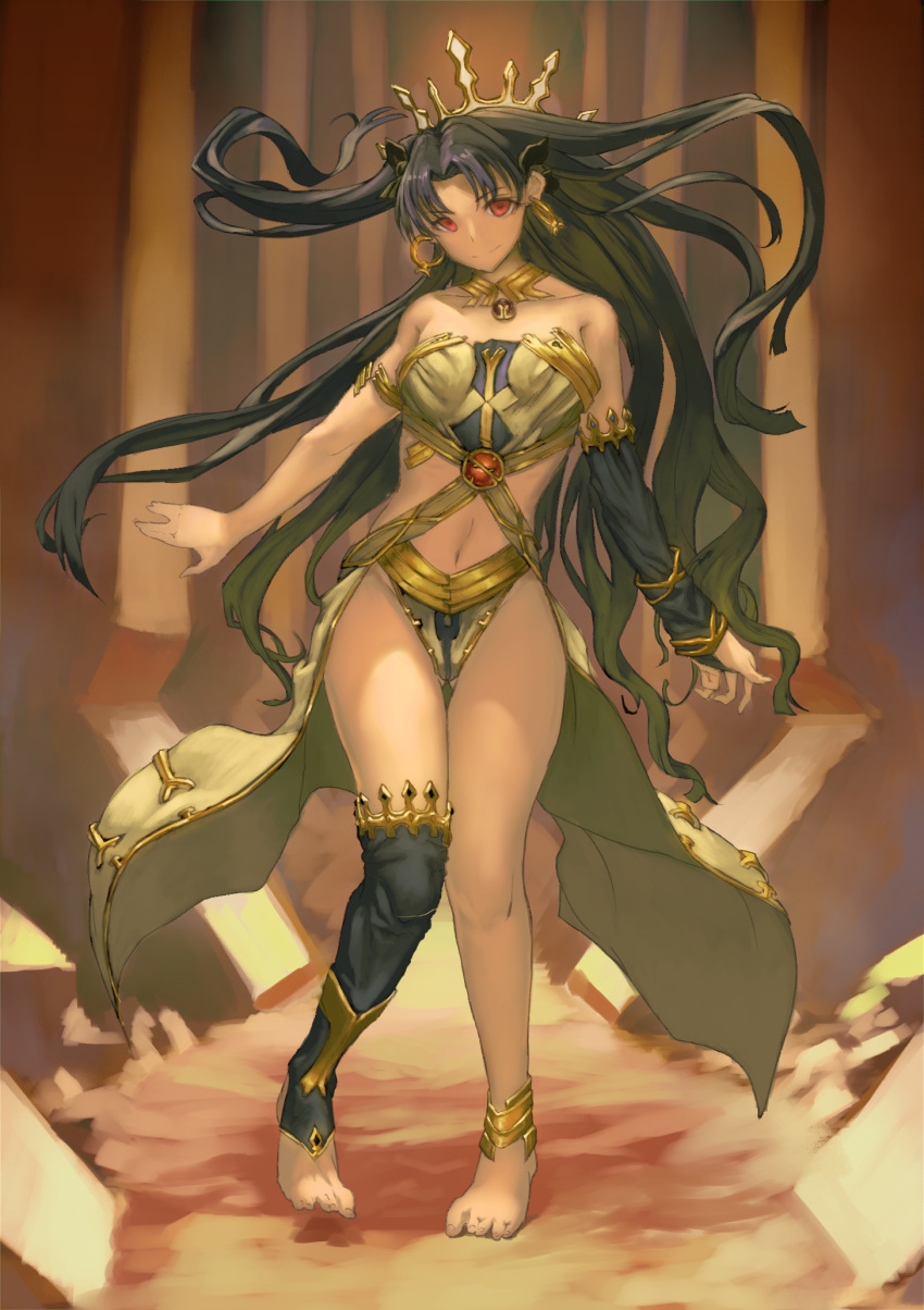1girl, anklet, arm, armlet, bad_feet, bad_hands, bangs, bare_arms, bare_legs, bare_shoulders, barefoot, black_gloves, black_hair, black_legwear, black_ribbon, breasts, bridal_gauntlets, closed_mouth, collarbone, crown, earrings, eyebrows_visible_through_hair, fate/grand_order, fate_(series), feet, female, full_body, gem, gloves, groin, hair_intakes, hair_ribbon, head_tilt, highres, hoop_earrings, indoors, ishtar_(fate/grand_order), jewelry, knees_together_feet_apart, legs, looking_at_viewer, midriff, navel, neck, neck_ring, panko_(drive_co), pelvic_curtain, red_eyes, revealing_clothes, ribbon, ruins, sand, single_elbow_glove, single_glove, single_thighhigh, small_breasts, smile, solo, standing, strapless, thigh-highs, thigh_gap, toeless_legwear, tohsaka_rin, two_side_up, very_long_hair, waist_cape