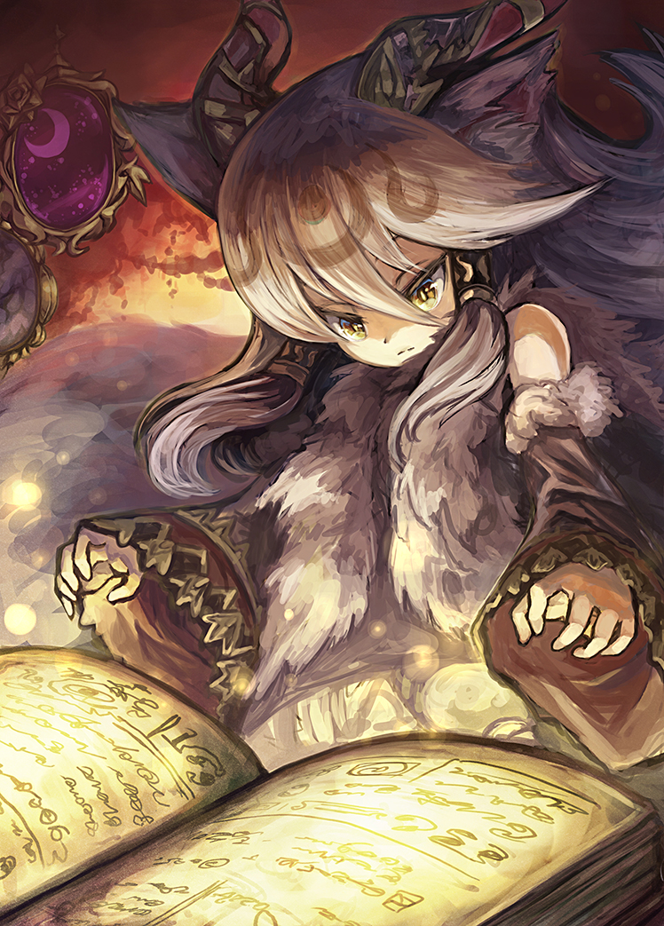 1girl, animal_ears, bare_shoulders, book, crescent_moon, demon_horns, detached_sleeves, glowing