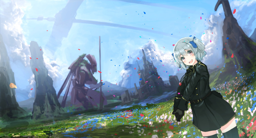 1girl, belt, black_gloves, black_legwear, blurry, blush, bow, castle, cliff, clouds, contrapposto, cowboy_shot, day, depth_of_field, dutch_angle, epaulettes, fantasy, field, flower, flower_field, gloves, hair_bow, hands_together, highres, jewelry, landscape, looking_at_viewer, looking_to_the_side, mecha, military, military_uniform, moat, oota_youjo, open_mouth, original, overgrown, pendant, petals, pink_eyes, polearm, pouch, scenery, science_fiction, short_hair, silver_hair, sketch, sky, smile, solo, spear, sunlight, thigh-highs, two_side_up, uniform, water, weapon, zettai_ryouiki