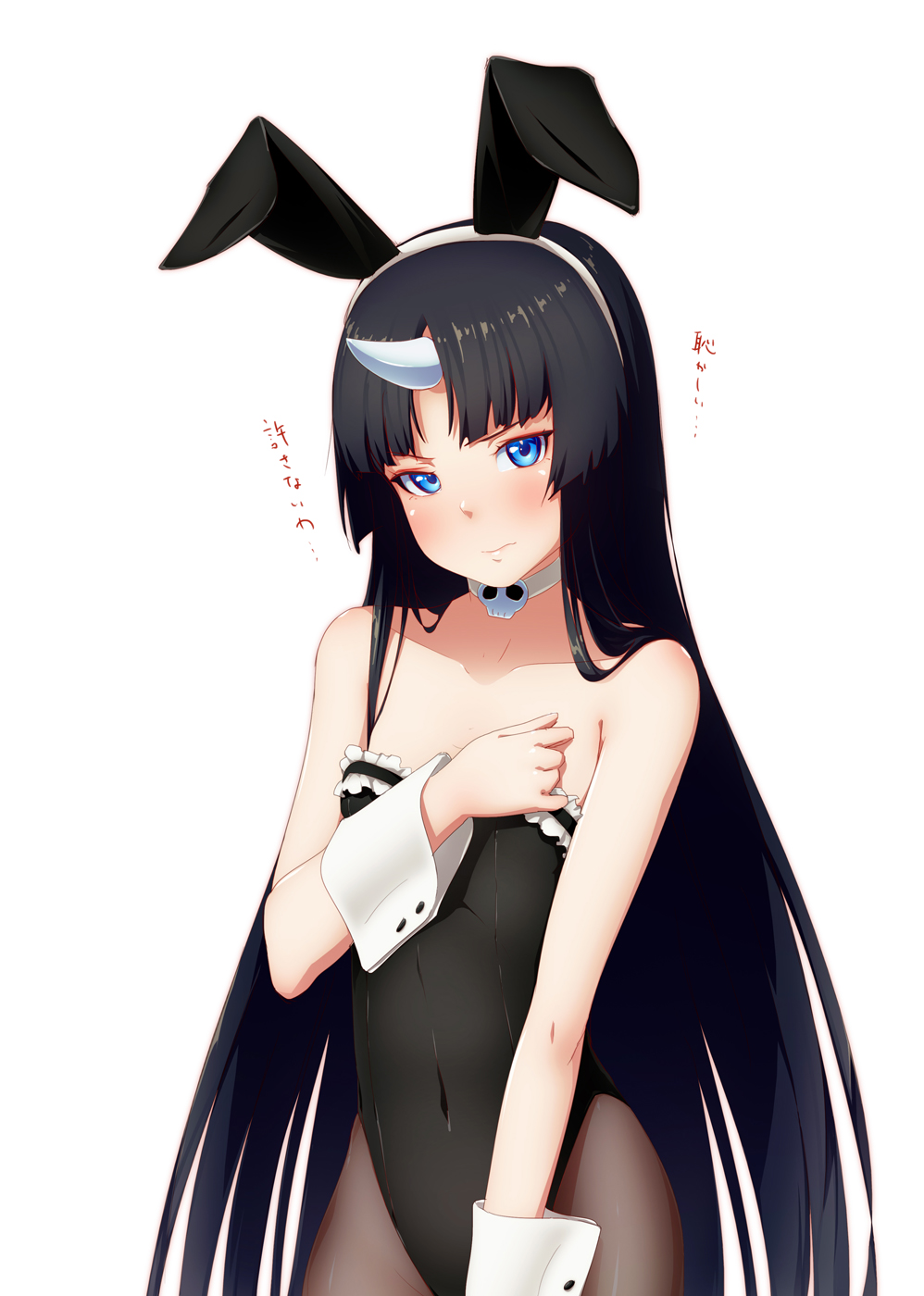 1girl, 4690_(tkpbsk), animal_ears, bangs, bare_shoulders, black_hair, black_legwear, black_leotard, blue_eyes, blunt_bangs, blush, bunny_girl, bunnysuit, choker, collarbone, covered_navel, cowboy_shot, fake_animal_ears, flat_chest, frilled_leotard, frills, hairbad, hairband, hand_on_own_chest, head_tilt, highres, horn, izanami_(noragami), izanami_(waguruma!), leotard, long_hair, looking_at_viewer, noragami, pantyhose, rabbit_ears, skull, solo, strapless, strapless_leotard, translated, very_long_hair, waguruma!, wrist_cuffs