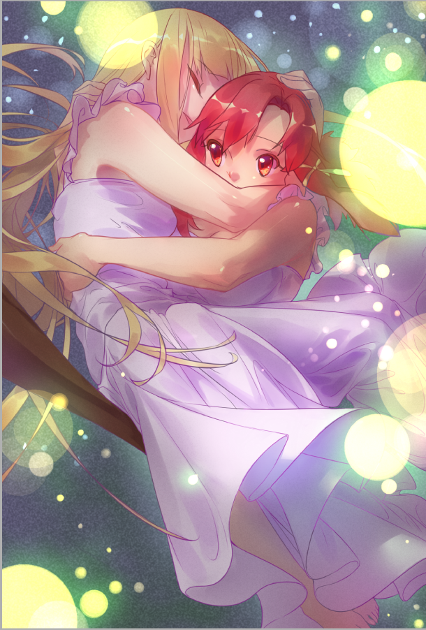 2girls, airrabbityan, barefoot, blonde_hair, breasts, broom, broom_riding, cleavage