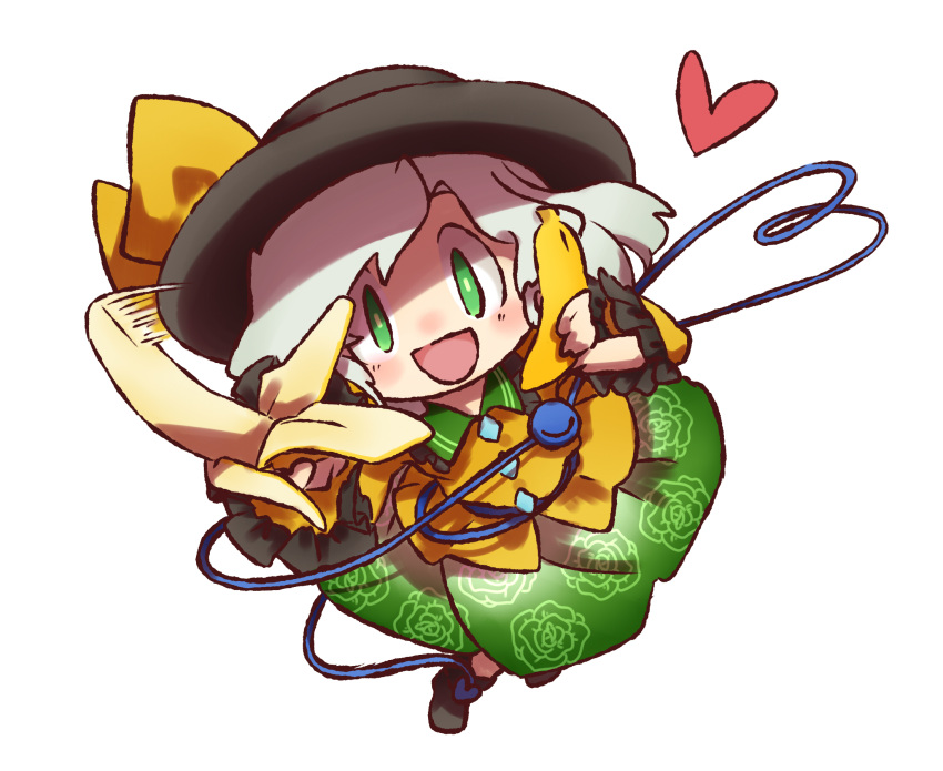 1girl, :d, banana, banana_phone, black_hat, black_shoes, blouse, chibi, collared_shirt, eyeball, floral_print, food, frilled_shirt_collar, frills, fruit, green_eyes, green_skirt, hat, hat_ribbon, heart, heart_of_string, highres, iiwake, komeiji_koishi, long_sleeves, looking_at_viewer, looking_up, open_mouth, ribbon, shirt, shoes, silver_hair, skirt, smile, solo, string, third_eye, touhou, white_background, yellow_blouse, yellow_ribbon