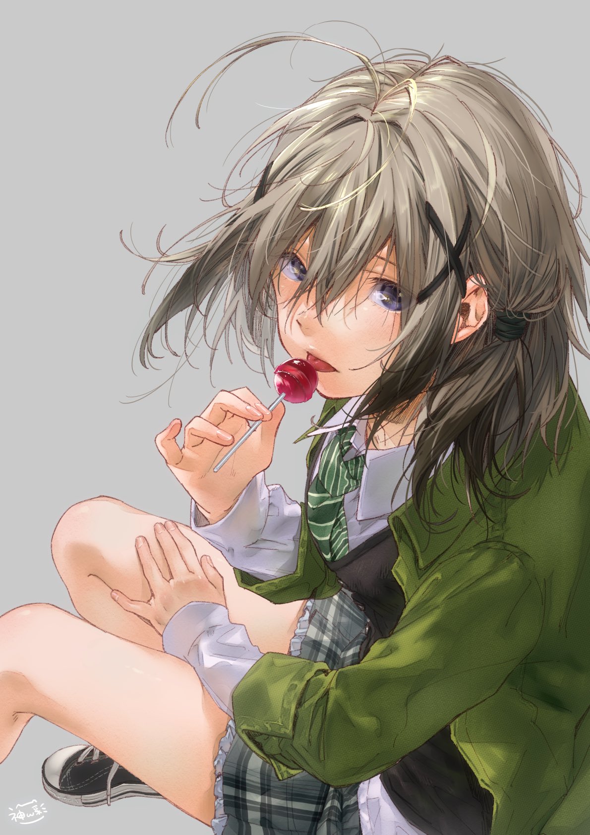 1girl, ahoge, artist_name, ayase_totsuki, bangs, black_sweater, blue_eyes, breasts, candy, collared_shirt, converse, dress_shirt, expressionless, food, frilled_skirt, frills, from_side, green_jacket, green_necktie, grey_background, grey_hair, hair_between_eyes, hair_ornament, hair_tie, highres, jacket, licking, lollipop, looking_at_viewer, medium_breasts, mhlia_blanco, necktie, pleated_skirt, re:lief_~shin'ai_naru_anata_e~, school_uniform, shirt, shoes, signature, simple_background, sitting, skirt, sneakers, solo, striped, striped_necktie, sweater, thighs, white_shirt, x_hair_ornament