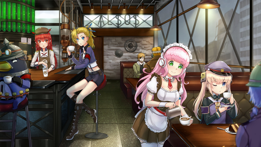 2boys, 5girls, absurdres, bird, boots, cafe, character_request, diner