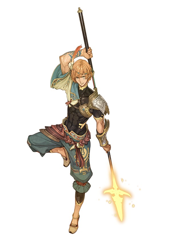 1boy, abs, atelier_(series), atelier_shallie, circlet, facial_mark, feathers, hidari_(left_side), kortes_(atelier), male_focus, official_art, orange_hair, polearm, simple_background, solo, spear, tattoo, weapon, white_background
