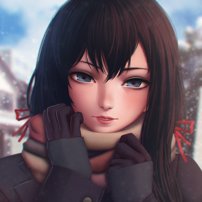 1girl, artist_name, bangs, black_gloves, blue_eyes, blue_sky, brown_hair, chromatic_aberration