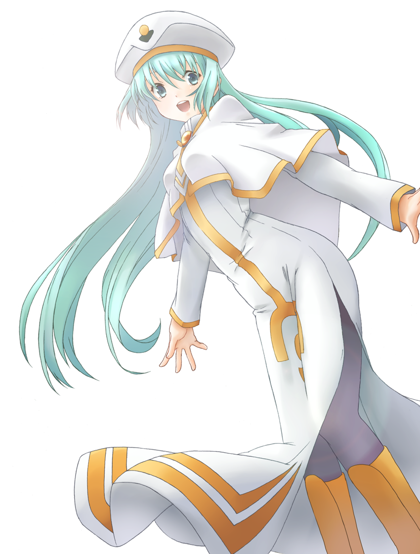 aria, green_eyes, green_hair, hat, kanro, long_hair, open_mouth, pantyhose