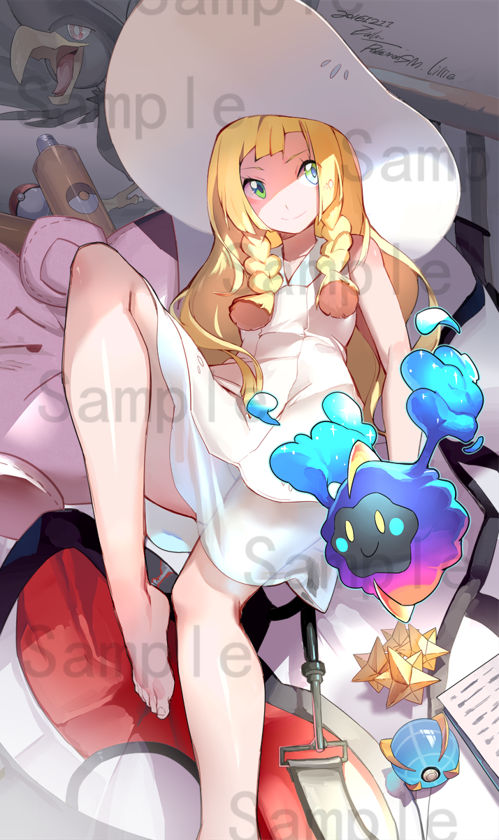 1girl, bangs, bare_legs, barefoot, blonde_hair, blunt_bangs, braid, character_name