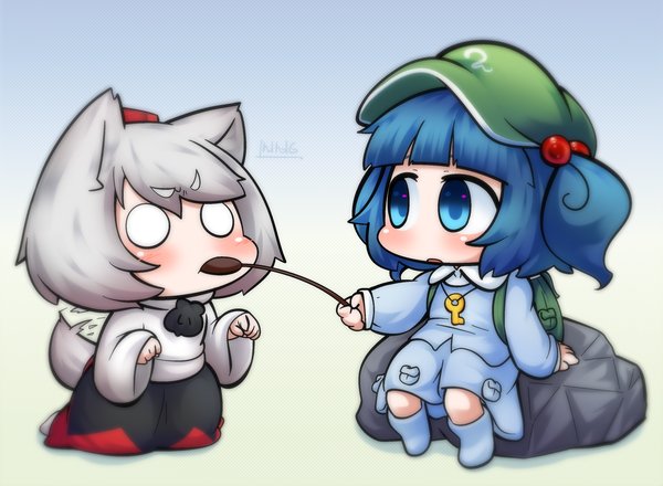>:c, 2girls, animal_ears, artist_name, backpack, bag, blue_eyes, blue_hair