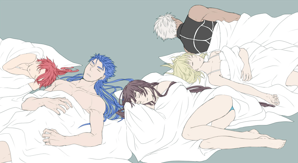 2girls, 3boys, alexander_(fate/grand_order), archer, blanket, blue_panties, character_request, closed_eyes, fate/grand_order, fate/stay_night, fate_(series), hair_down, lancer, lying, multiple_boys, multiple_girls, on_back, on_side, ooga, panties, pillow, saber, sleeping, under_covers, underwear, ushiwakamaru_(fate/grand_order)