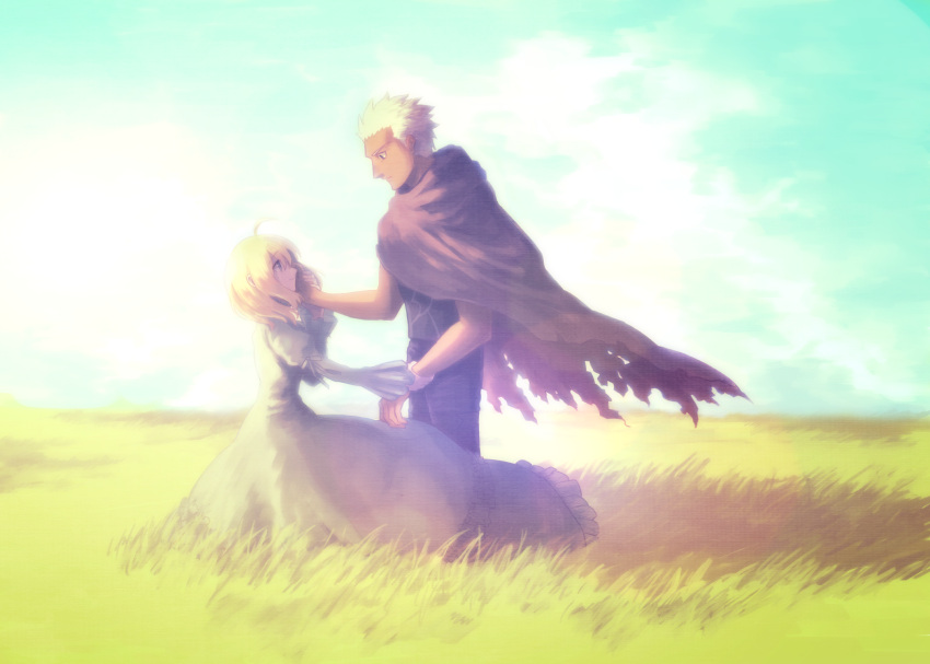 1boy, 1girl, ahoge, archer, blonde_hair, blue_dress, cape, dark_skin