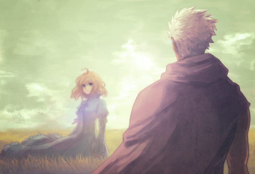 1boy, 1girl, ahoge, archer, blonde_hair, blue_dress, commentary_request, dark_skin, dark_skinned_male, dress, emiya_shirou, fate/stay_night, fate_(series), field, grass, green_eyes, gupaon, hay, highres, last_episode, looking_at_another, saber, white_hair
