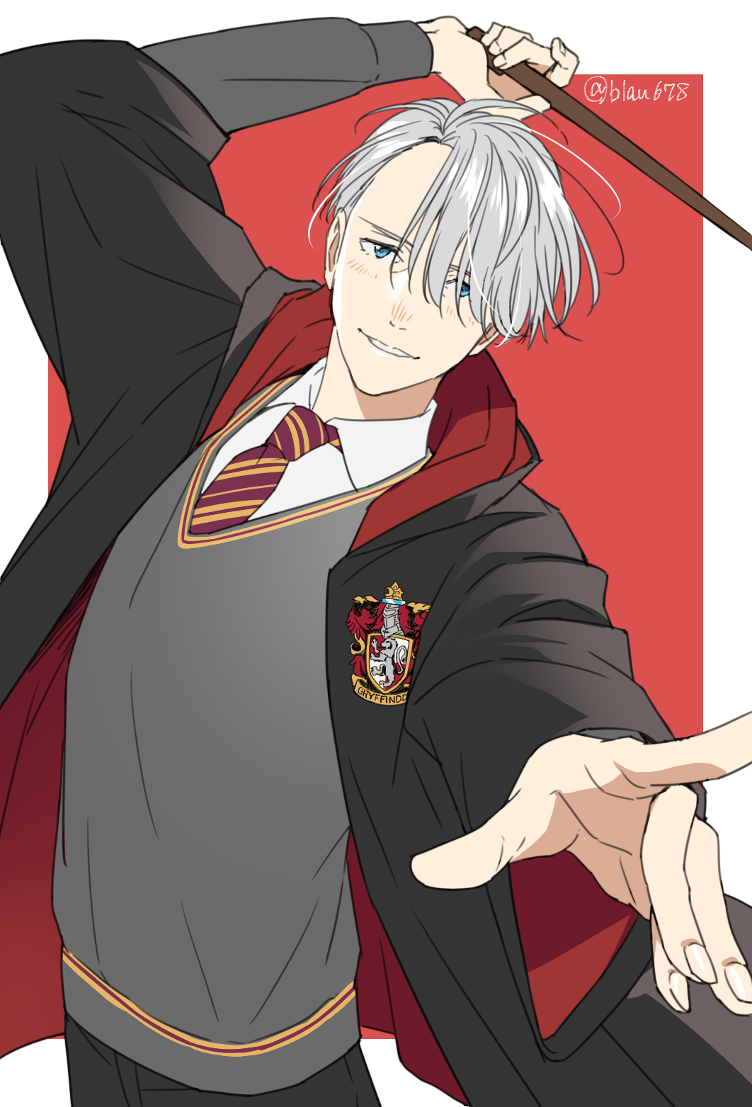 1boy, 92_(artist), blue_eyes, hair_over_one_eye, harry_potter, highres, hogwarts_uniform, hood, male_focus, necktie, school_uniform, silver_hair, smile, solo, viktor_nikiforov, wand, yuri!!!_on_ice