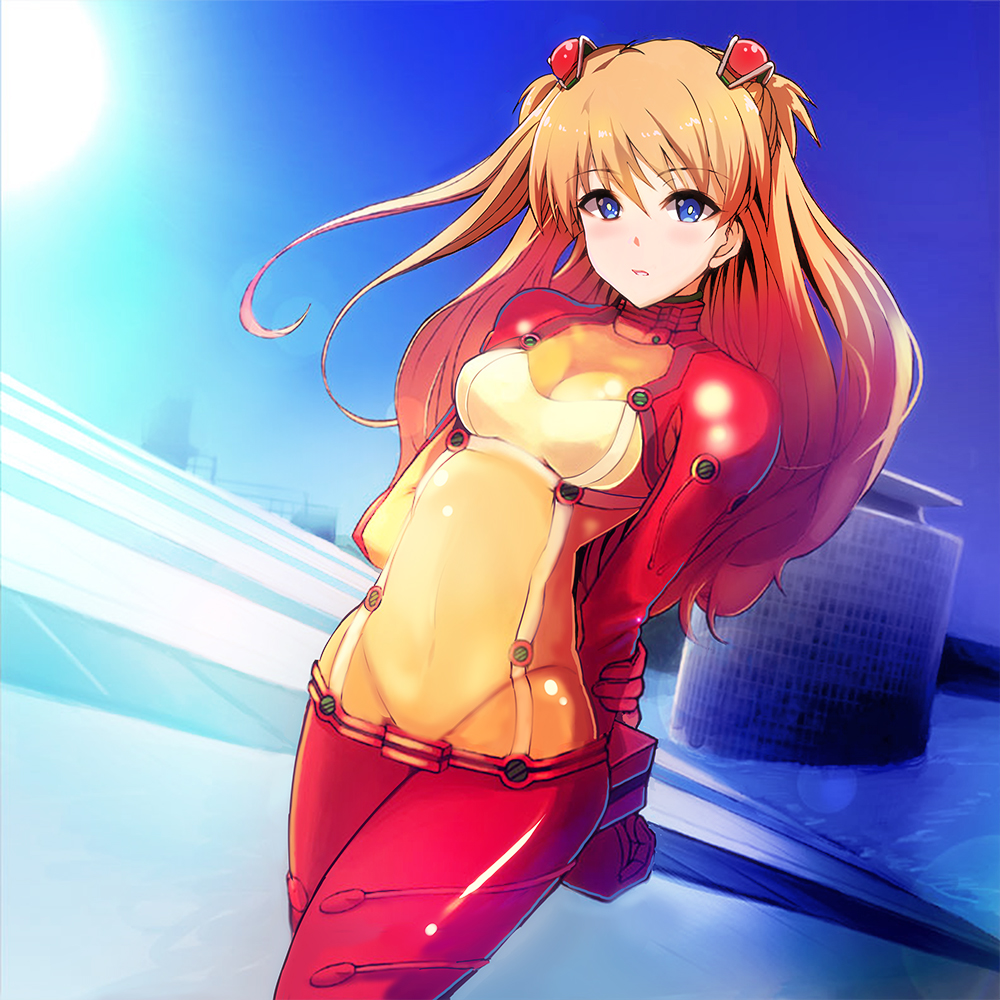 1girl, amari_yuki, arms_behind_back, bangs, blue_eyes, blue_sky, blush, bodysuit