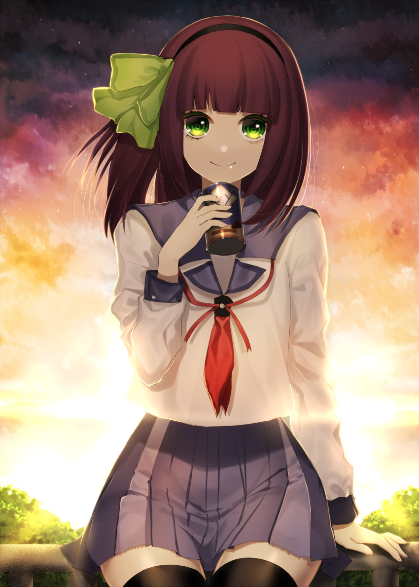 1girl, angel_beats!, bangs, black_hairband, black_legwear, blue_skirt, blunt_bangs, bow, can, canned_coffee, company_connection, company_name, dusk, green_bow, green_eyes, hairband, highres, holding, holding_can, key_(company), light_rays, logo, looking_at_viewer, on_railing, outdoors, pleated_skirt, purple_hair, school_uniform, serafuku, sitting, skirt, sky, smile, sunlight, takashima_saki, thigh-highs, tree, twilight, yuri_(angel_beats!), zettai_ryouiki
