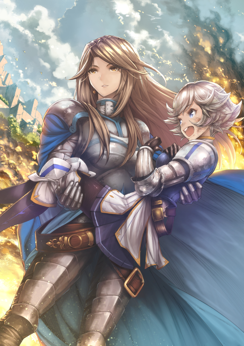 2girls, armor, blue_eyes, brown_eyes, brown_hair, cape, catalina_(granblue_fantasy), farrah_(granblue_fantasy)