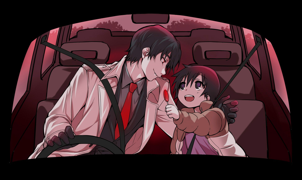 2boys, black_gloves, black_hair, blue_eyes, boku_dake_ga_inai_machi, candy, car, coat