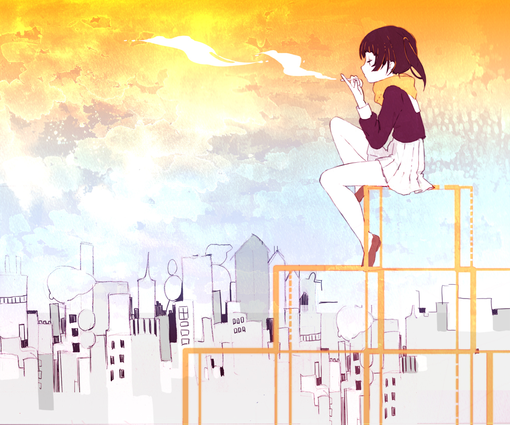 1girl, black_eyes, black_hair, building, child, cigarette, city, cityscape