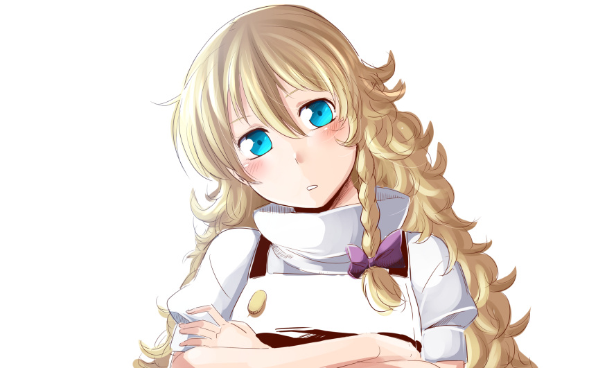1girl, amazon_(taitaitaira), blonde_hair, blue_eyes, blush, braid, crossed_arms, head_tilt