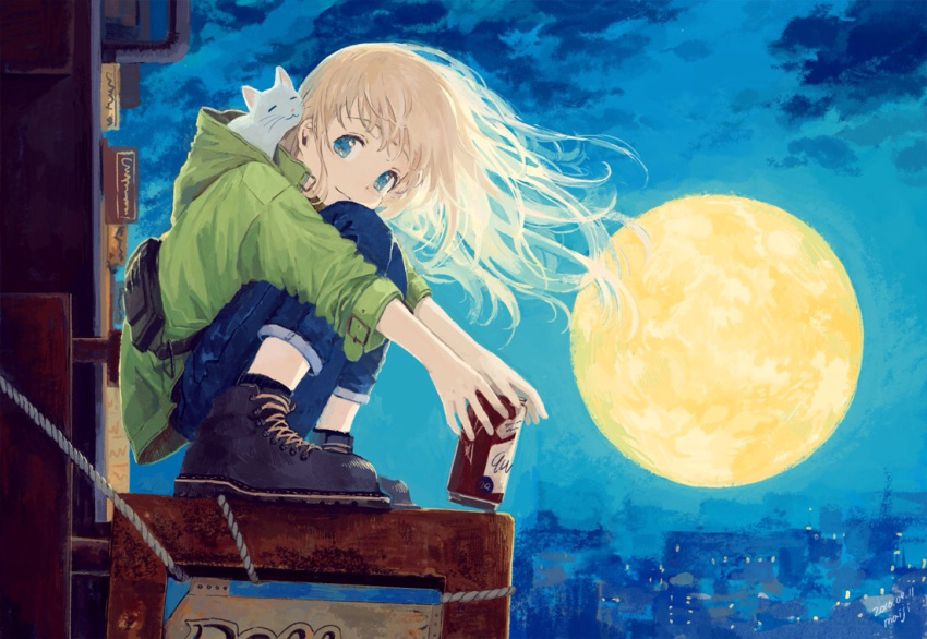 1girl, :3, animal, animal_on_shoulder, bag, beer_can, blonde_hair, blue_eyes, can, capri_pants, cat, city, cityscape, clouds, denim, evening, fanny_pack, full_moon, holding, holding_animal, holding_can, hood, hooded_jacket, jacket, jeans, kneeling, knees_on_chest, long_hair, looking_at_viewer, maij, moon, night, night_sky, original, outdoors, pants, scenery, shoes, sign, sitting, sky, sleeves_rolled_up, smile, sneakers, solo, squatting, white_cat