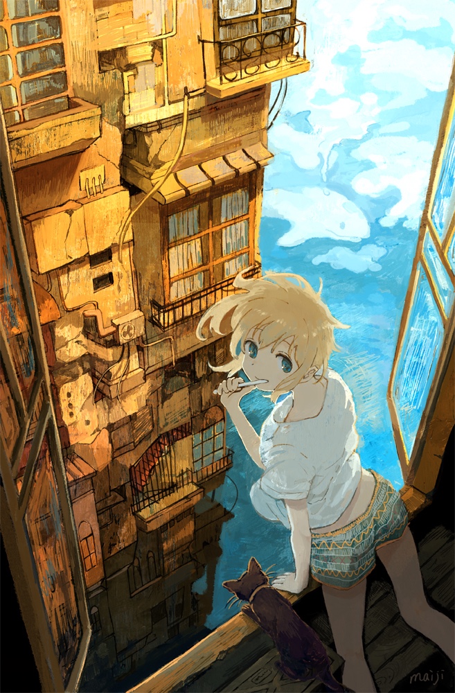 1girl, blonde_hair, blue_eyes, blue_sky, brushing_teeth, building, cat, city, cityscape, clouds, cloudy_sky, flying_whale, leaning, loose_shirt, maij, ocean, original, outdoors, railing, scenery, shirt, short_hair, shorts, sky, skyscraper, solo, t-shirt, window, windowsill