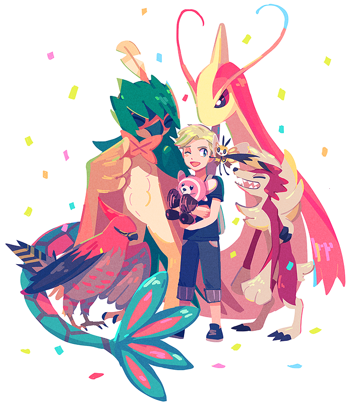 1boy, bangs, blonde_hair, blue_eyes, capri_pants, carrying, closed_eyes, confetti, decidueye, funoito, lycanroc, male_focus, male_protagonist_(pokemon_sm), milotic, pants, parted_bangs, pokemon, pokemon_(creature), pokemon_(game), pokemon_sm, ribombee, shirt, short_hair, simple_background, smile, standing, stufful, t-shirt, talonflame, white_background
